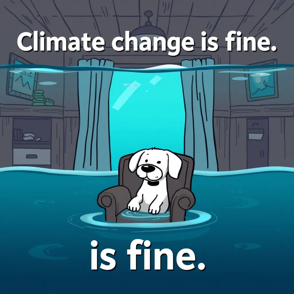 A white4 cartoon dog sitting on a brown armchair in the middle of a room that is half-filled with water. Text at the top in bold white font says 'Climate change is fine.' and at the bottom 'is fine.'