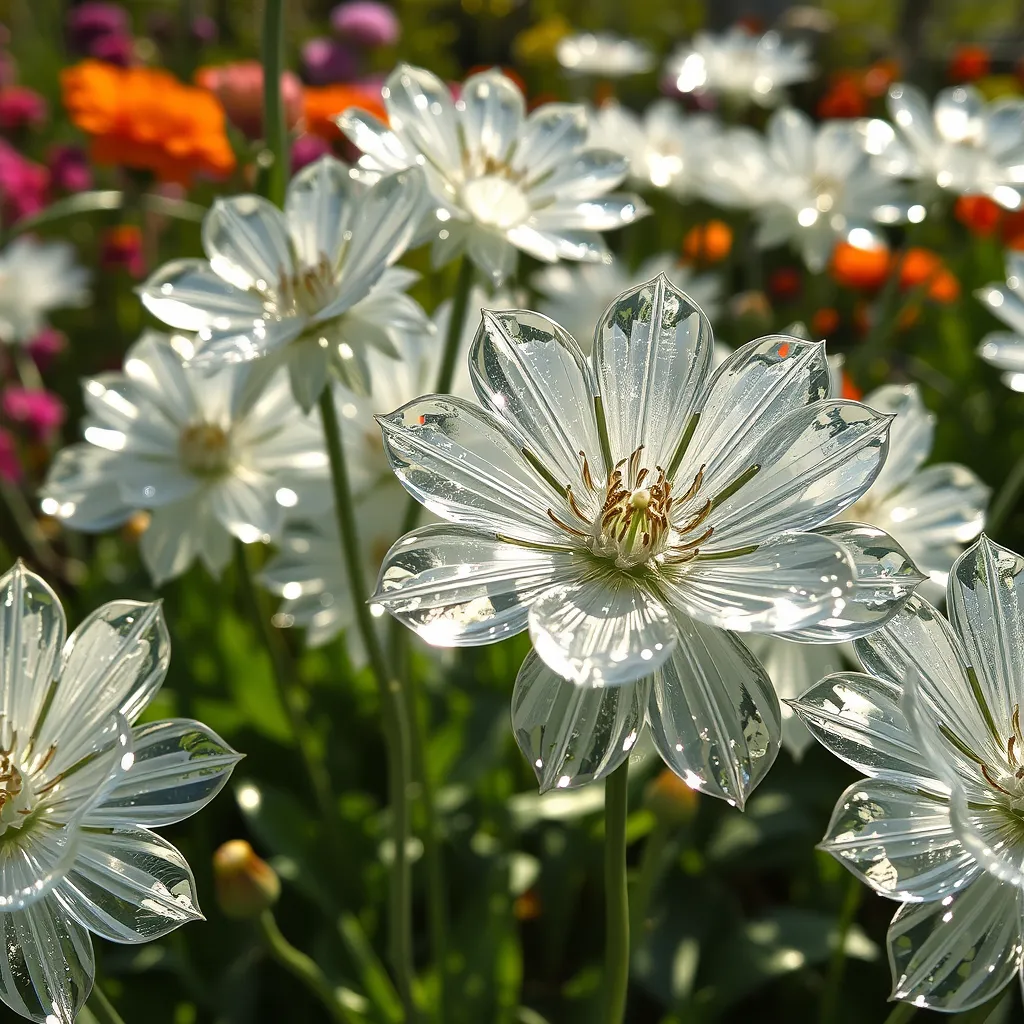 A close-up photograph-like image of clear glass flowers in sunlight, with other non-glass orange and purple flowers out of focus in the background