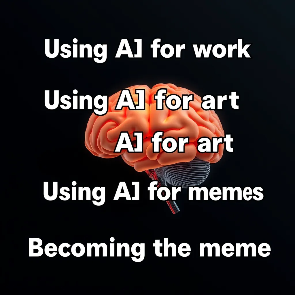 An oversaturated image of a brain floating on a black background, with white text outlined in black in front of the brain that says 'Using AI for work / Using AI for art / AI for art / Using AI for memes / Becoming the meme'