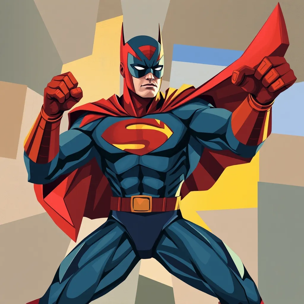 A superhero with the Superman S on his chest and a Batman mask on, with his hands up in a boxer position. The background has blocky shapes in gray, yellow, and blue.