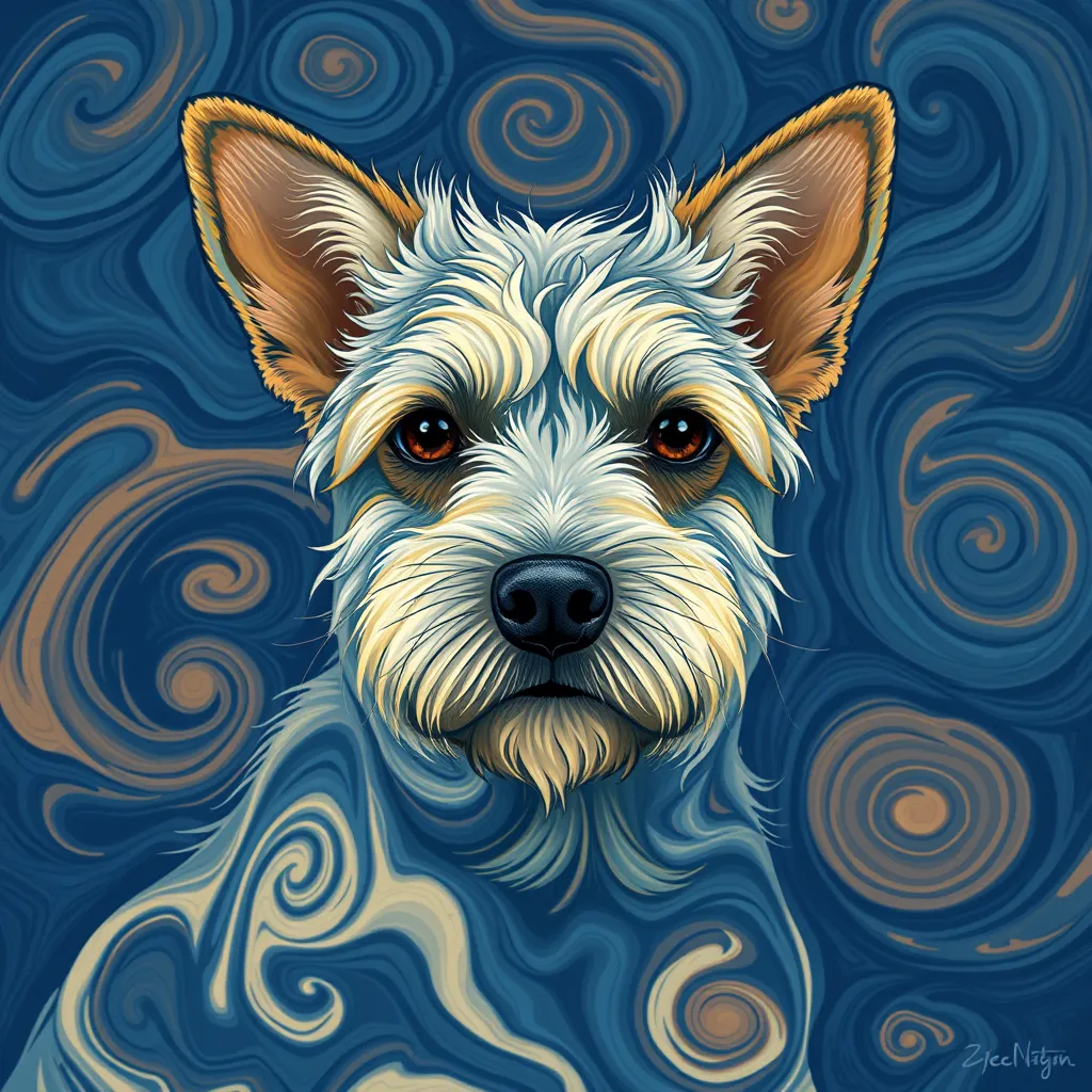 An illustration of the head of a small white dog with pointed ears and brown eyes, with a background of blue and yellow swirls.