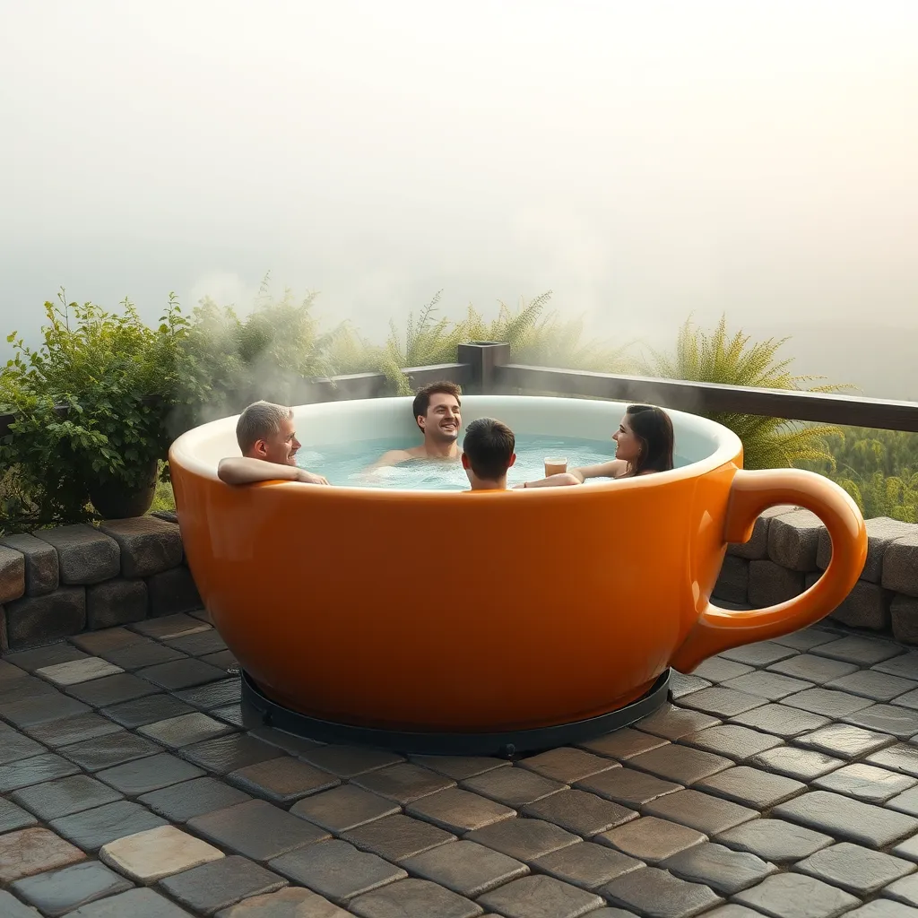 A photograph-like image of a giant orange teacup on an outdoor patio with some green plants behind it and a foggy white background. There are three men and one woman sitting inside the teacup in hot steaming water.