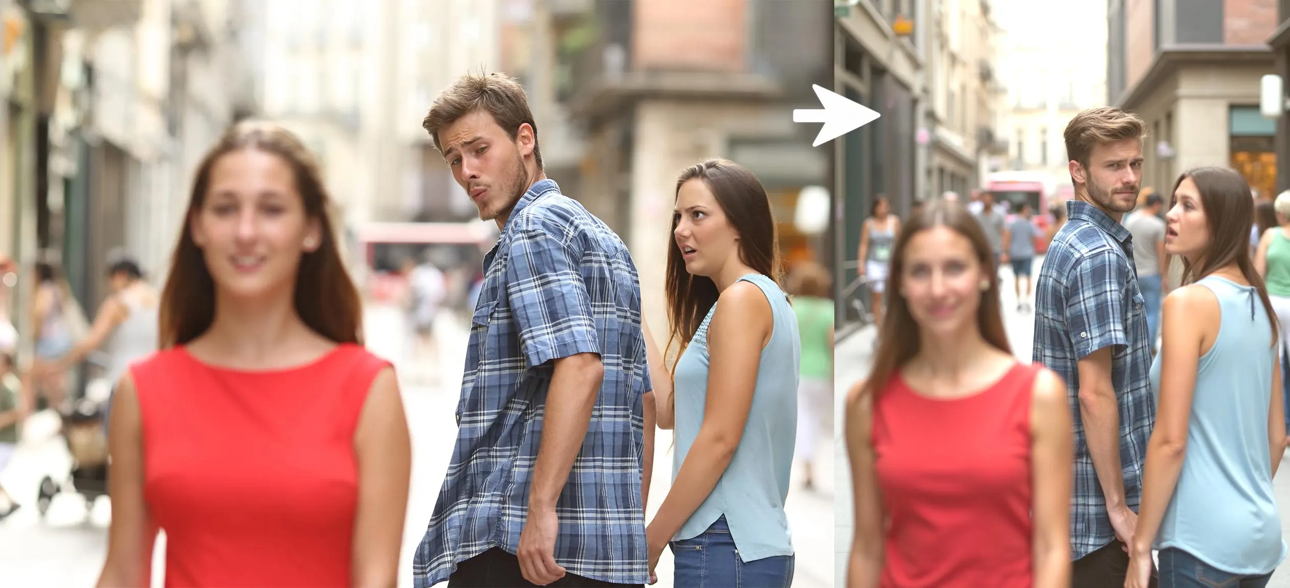 An example of FLUX Redux changing the distracted boyfriend meme