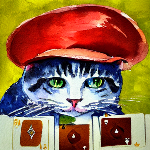 cat with a hat, playing poker, watercolor painting, seed: 3315381862, Stable Diffusion 1.4