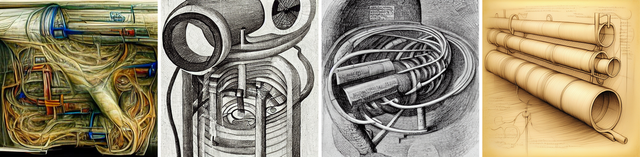 sketch of internet is a series of tubes by Leonardo Da Vinci, VQGAN+CLIP, SD1.5, SD2.1, SDXL