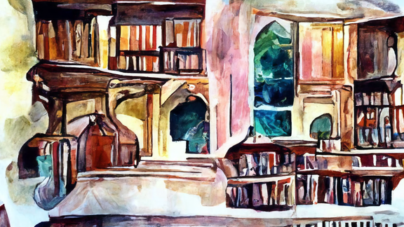 Watercolor painting of a beautiful old library