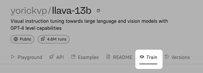 Replicate's UI with the Train tab highlighted on the llava-13b model